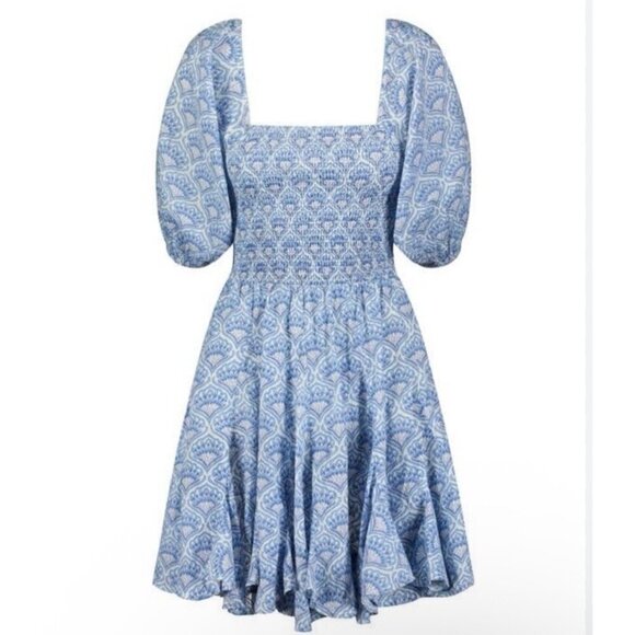 Erika Wilson Nantucket Fan Dress Puff Sleeve Mini Dress Smocked Sz L NWT $228